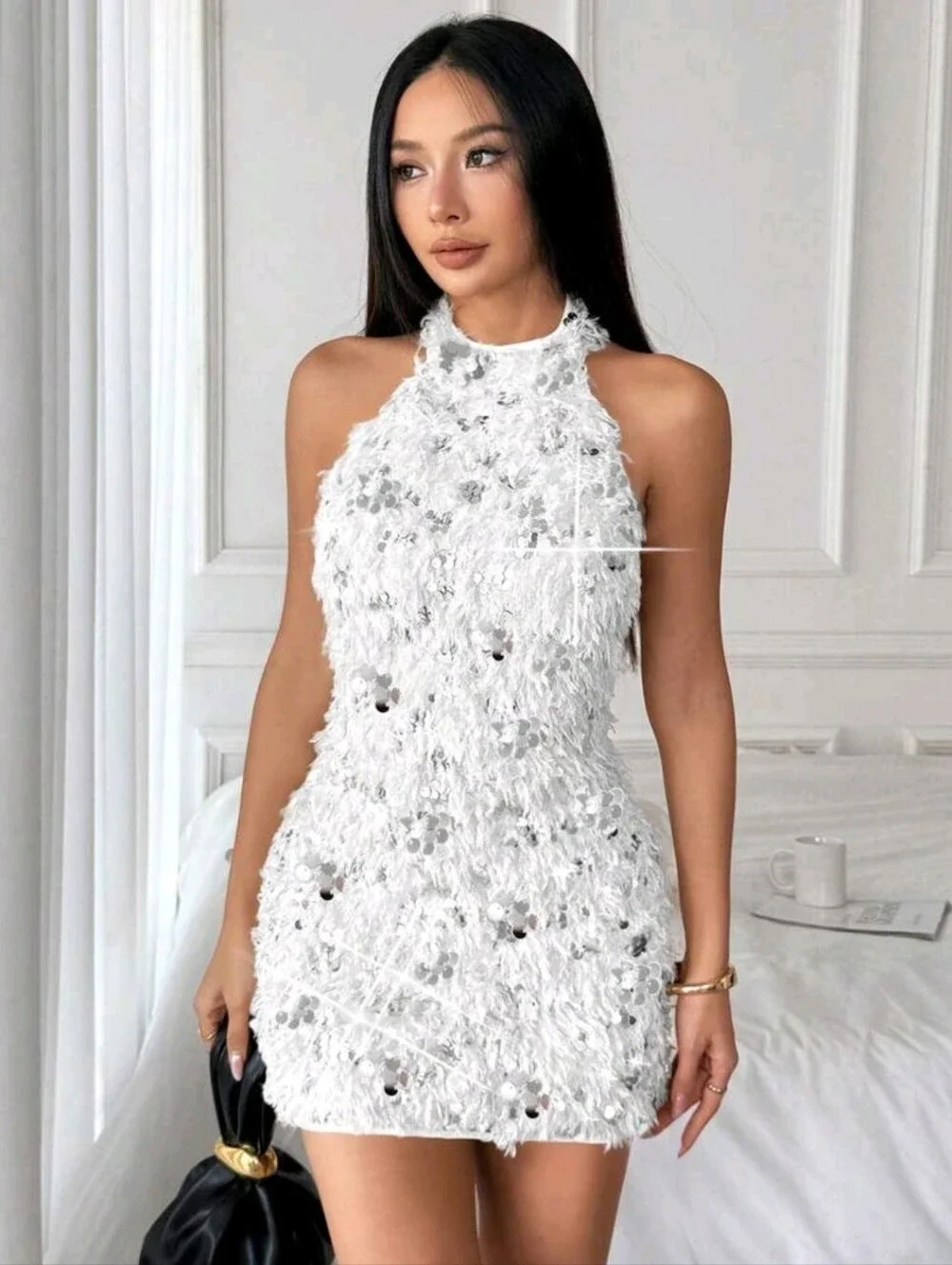 Almamuse Sequin Fringe Halter Bodycon Mini Dress